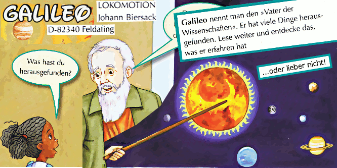 Cartoon: Ein alter Fantasie-Galileo unterweist eine kleine Negerin mit buntem Unsinn
