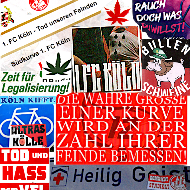 Koelner Sticker auf Verkehrsschildern und Hass-Propaganda der Suedkurve der Ultras vom 1.FC