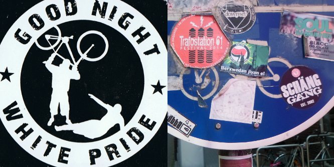 Antifa-Sticker mit kurdischer Parole auf Fahrad-Schild