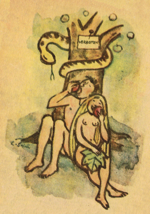 Adam and Eve with wise Snake gladly eating Apples