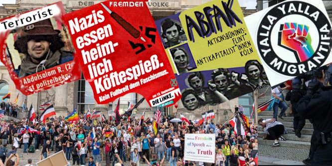 Bild: Demo vor dem Reichstags-Gebäude und aktuelle linke Plakate sowie Messer-Einwanderer />
<H5>12.1 Warten auf Go. vor dem Reichstag</H5>
<P CLASS=